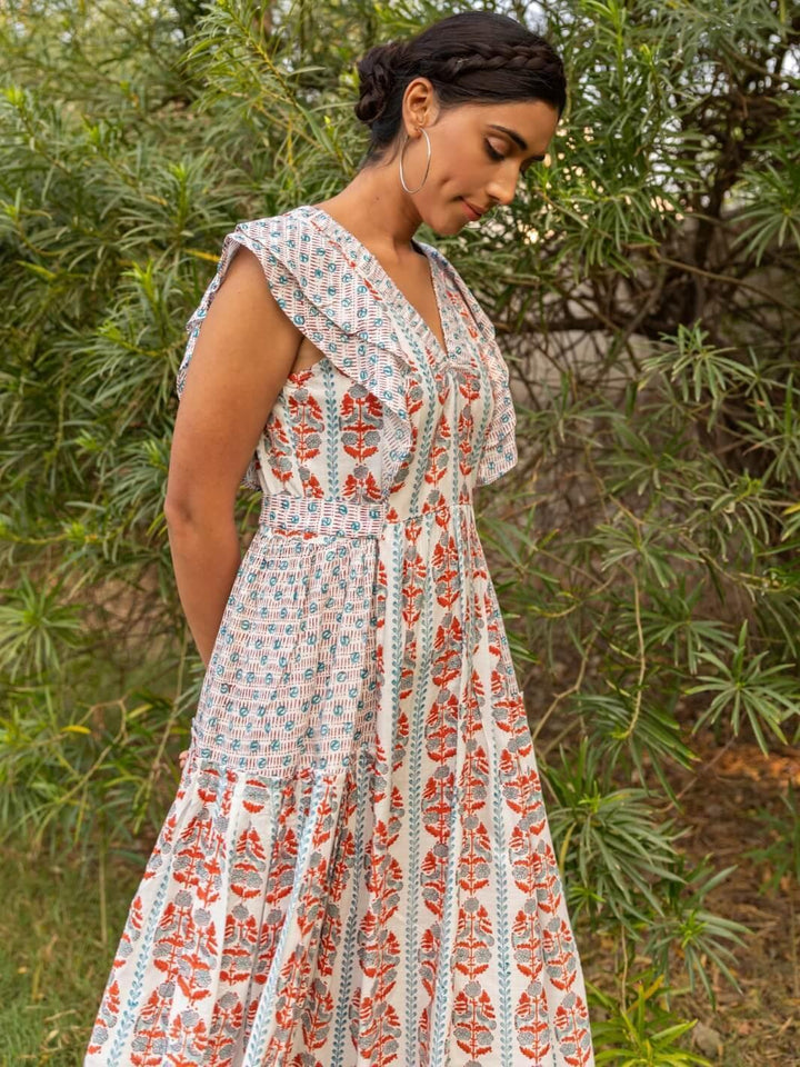 White Handblock Print Long Cotton Midi Oyester Dress - Moontara
