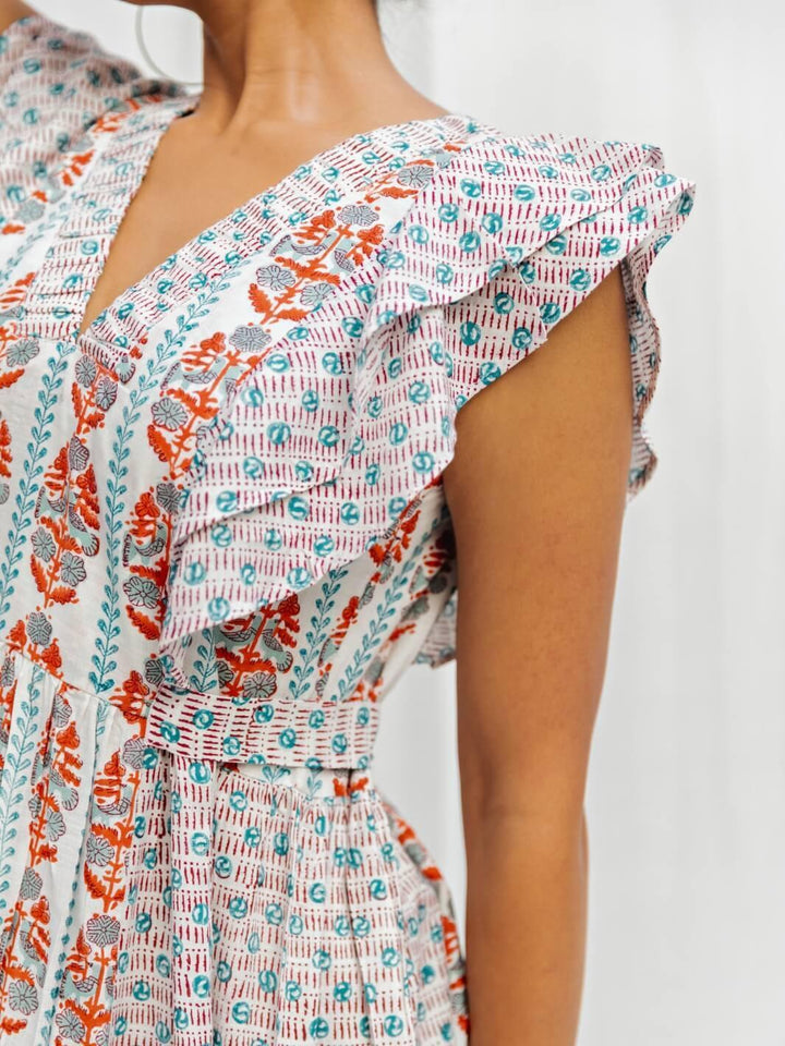 White Handblock Print Long Cotton Midi Oyester Dress - Moontara