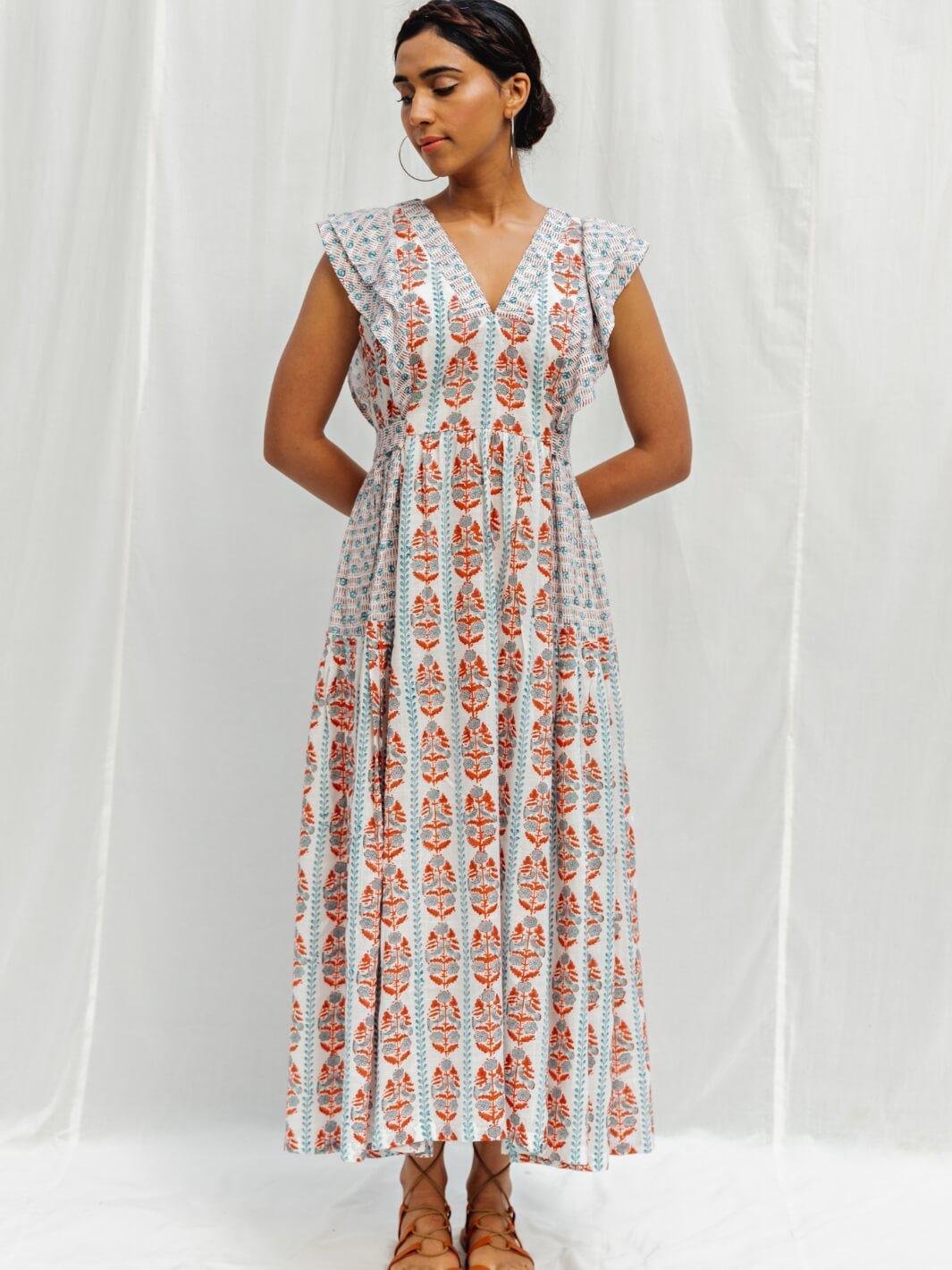 White Handblock Print Long Cotton Midi Oyester Dress - Moontara