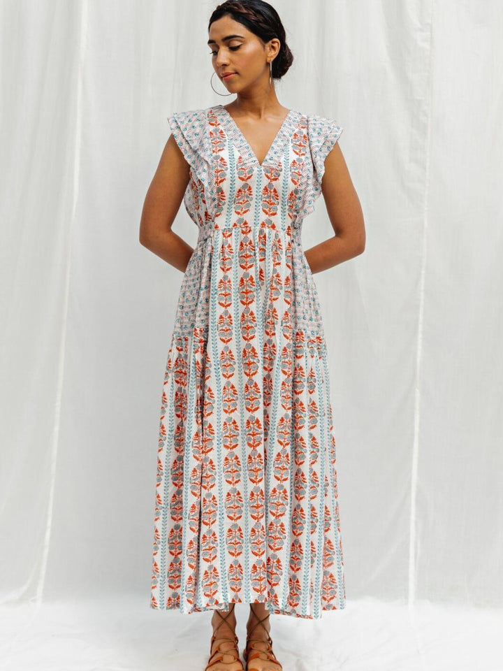 White Handblock Print Long Cotton Midi Oyester Dress - Moontara