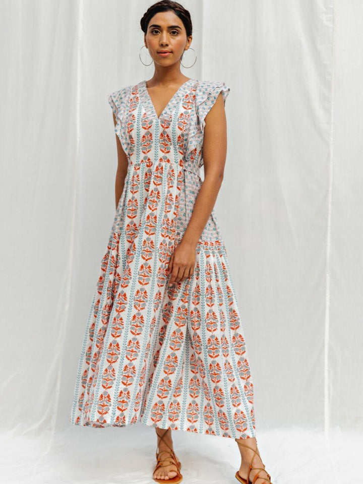 White Handblock Print Long Cotton Midi Oyester Dress - Moontara
