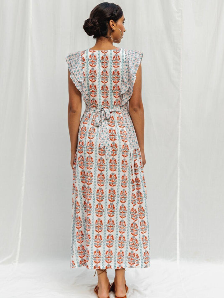 White Handblock Print Long Cotton Midi Oyester Dress - Moontara