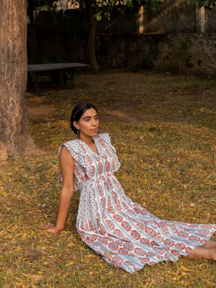 White Handblock Print Long Cotton Midi Oyester Dress - Moontara