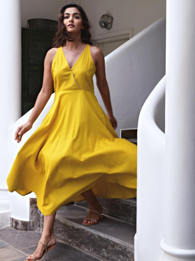 MLSOWM Women's Casual Maxi Dress - Yellow Lemon Watercolor Print, V-Neck, Sleeveless With Pockets - View #2